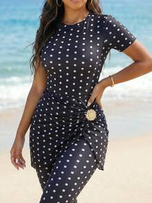 Swim Shayni Women's Black And White Polka Dot Polka Dot Print Fabric Burkini For Beach Pool Party Vacation Summer Casual Conservative Modest - Black and White - View 6