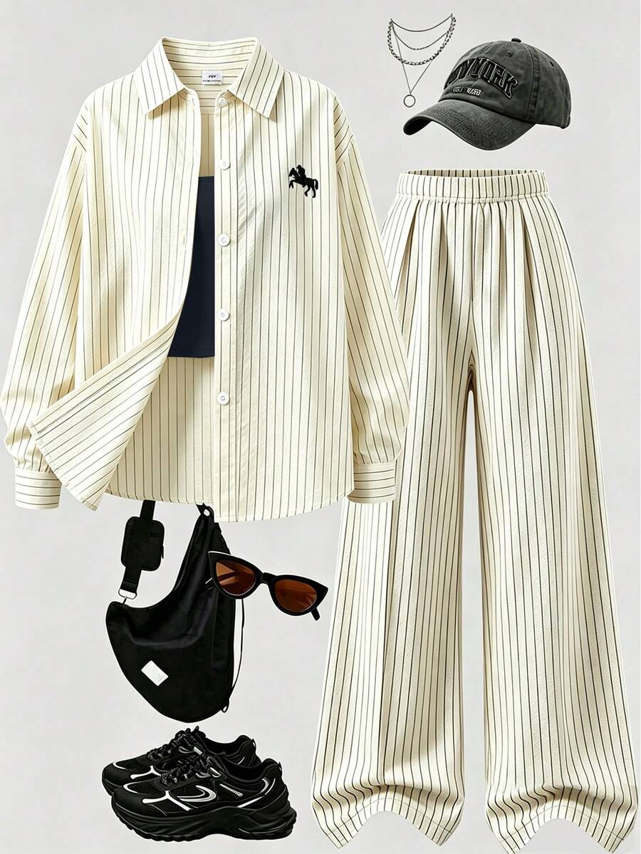 SHEIN 2件組女孩大童上衣套裝,休閒日常度假風,寬鬆長袖襯衫+休閒寬鬆寬腿褲,杏色條紋 - 彩色 - 查看 1