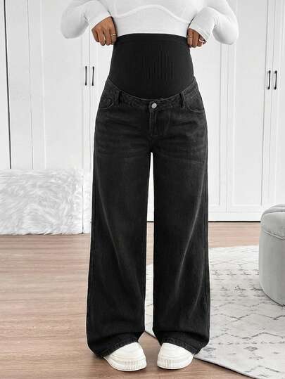 SHEIN Maternity Knit Belly Support Loose Straight Leg Jeans