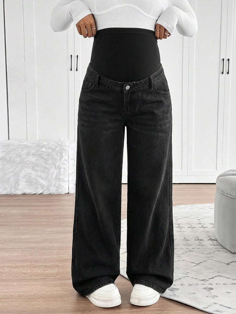 SHEIN Maternity Knit Belly Support Loose Straight Leg Jeans - Black - View 1