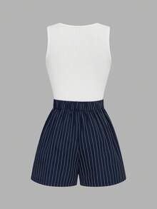 Elenzga Summer New Daily Versatile Set Square Neck Ribbed Tank Top Ribbed High Waist Slimming Shorts Women 2pcs Set - Multicolor - View 6