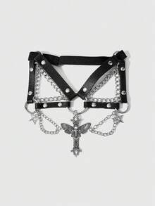ROMWE Goth 2件組女款黑色水晶蜘蛛裝飾鏈條哥德風腿環短褲，萬用於萬聖節與日常穿著 - 黑色十字架五角星腿環 - 查看 3