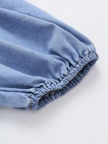 GlowEve Plus Size Denim Square Neck Lantern Sleeve Short Sleeve Top Dates Vacation Light Blue Summer Kawaii Fairy Beach Going Out Casual Sexy - Blue - View 5