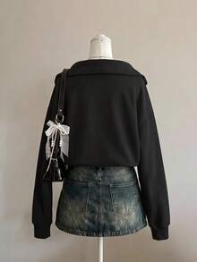 SHEIN EZwear 秋季新款 Grunge 個性化 Napo 拿破崙花卉圖案 寬鬆灰色半拉鍊高領薄款運動衫套頭衫，Y2K、音樂節、萬聖節、派對、畢業季、約會、聚會 - 黑色 - 查看 2