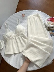 SHEIN Unity Conjunto de pantalones anchos versátiles para vacaciones y uso diario con tela texturizada, patchwork y ribete de encaje estilo Y2K - Albaricoque - Ver 3