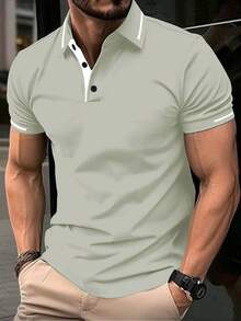 Manfinity Homme Men Color Block Trim Button Casual Short Sleeve Polo Shirt For Summer, Formal - Green - View 1