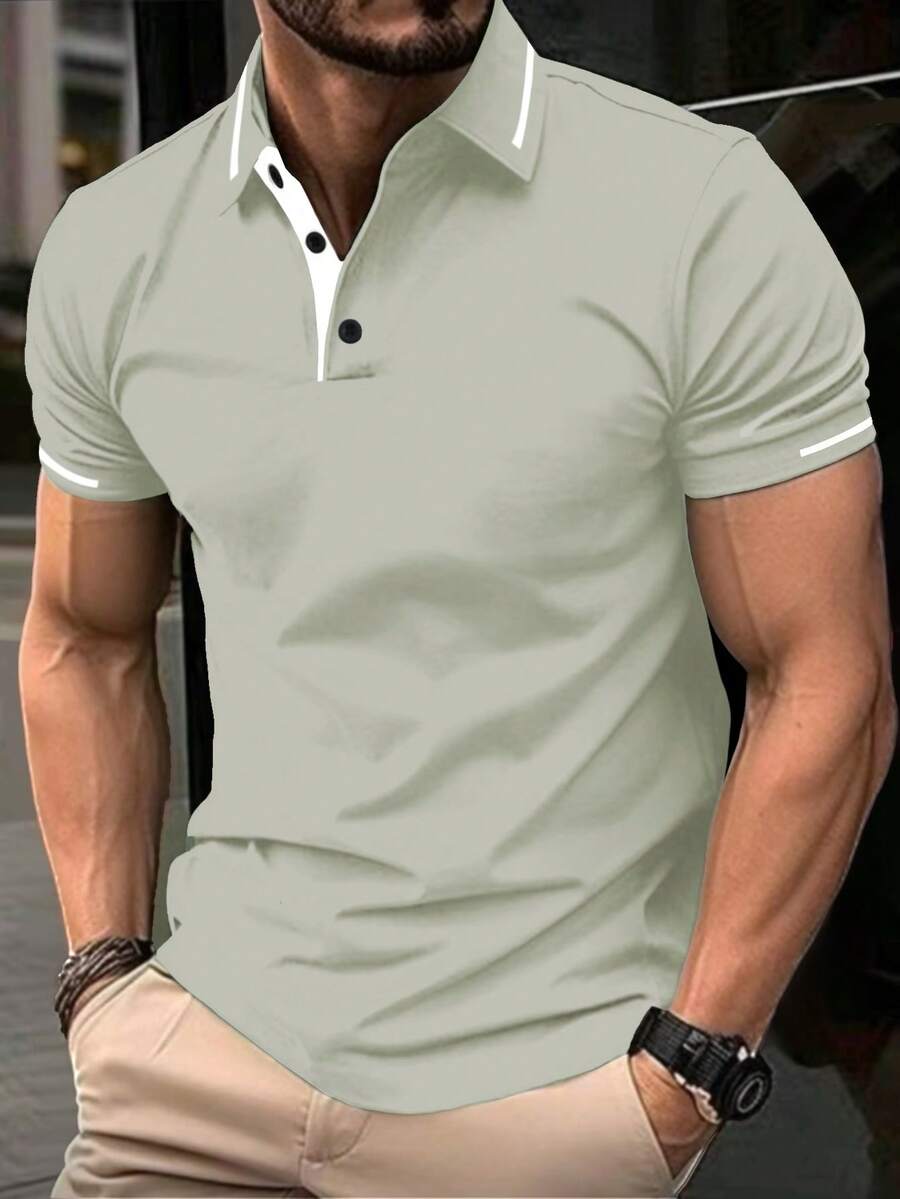 Manfinity Homme Men Color Block Trim Button Casual Short Sleeve Polo Shirt For Summer, Formal - Green - View 1