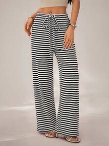 SHEIN PETITE Women Pants Vacation Black And White Striped Checkered Summer Boho Casual Holiday - Black and White - View 9