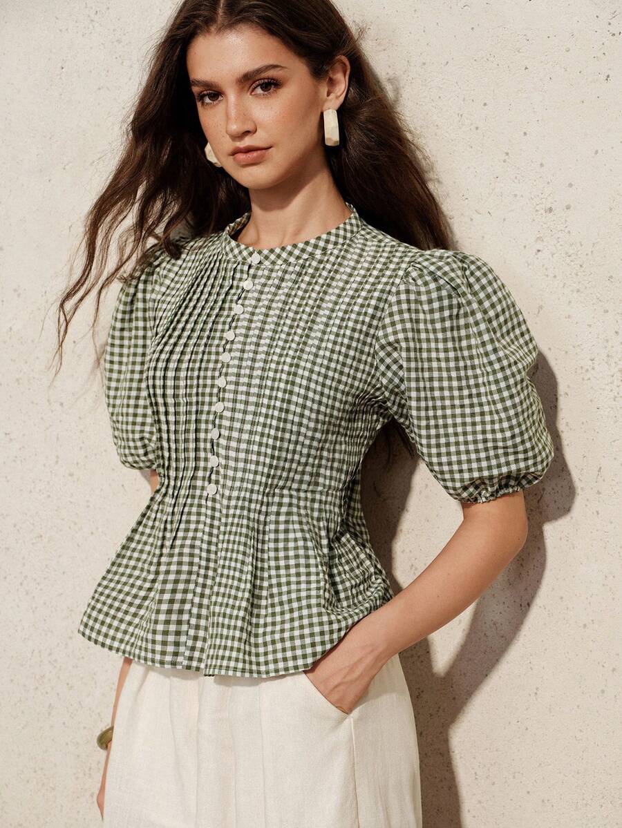 BELROSIE 優雅法式復古高端法式女孩風純色百褶設計圓領花瓣袖女款襯衫 早午餐度假綠色格紋夏季 - 綠色 - 查看 1