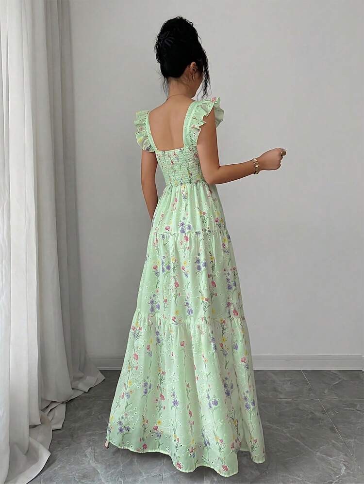 Women's Summer Mint Green Floral Square Neck Ruffle Cami Maxi Dress,Cottage Core Ruched Waist A-Line Holiday Tea Party Wedding Guest Bridesmaid Dress