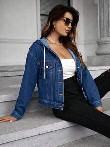 SHEIN Frenchy 女款長袖單排扣休閒抽繩連帽牛仔夾克 - 中等水洗藍 - 查看 4