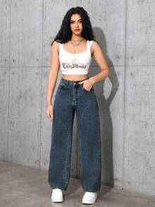 SHEIN ICON Women's Casual Versatile Denim Long Pants With Pockets And Buttons For Daily Wear - Royal Blue - View 4