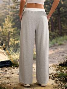 Exploreva Exploreva Women's Casual Versatile Colorblock Drawstring Waist Pocket Outdoor Sweatpants - Grey - View 2
