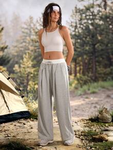 Exploreva Exploreva Women's Casual Versatile Colorblock Drawstring Waist Pocket Outdoor Sweatpants - Grey - View 7