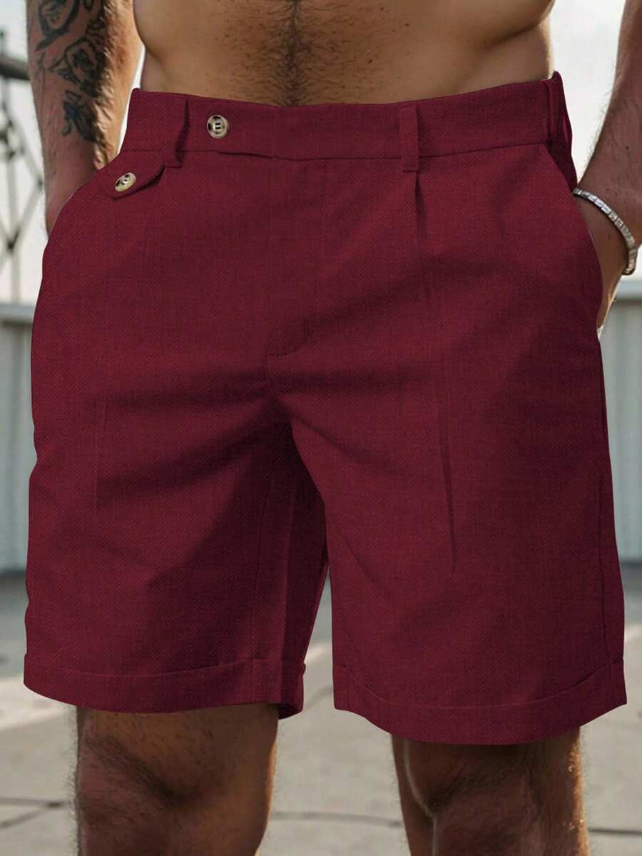 Manfinity Homme Pantalones cortos casuales holgados de pierna recta de unicolor con bolsillos para hombres - Burdeos - Ver 1