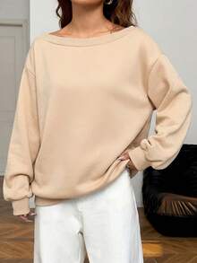 SHEIN EZwear 女款寬鬆不對稱肩領衛衣，內層保暖內裡，淺灰色，秋冬款 - 卡其色 - 查看 6