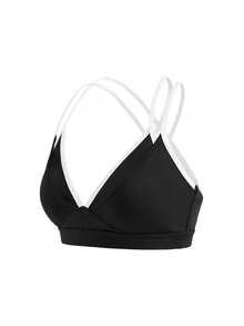 SHEIN Cheerettes 女款拼色交叉背日系健身運動內衣 黑色運動內衣 可拆式內墊 白色對比細肩帶雙層健身房適用 - 黑色 - 查看 5