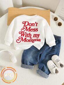 SHEIN 中性嬰兒男孩/女孩幼兒秋冬保暖內裡加厚可愛家庭標語衛衣，嬰兒衛衣，嬰兒冬季衣物，萬聖節 - 白色 - 查看 3