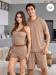 CoupledUp 男士休閒條紋針織套頭衫與短褲家居服套裝 - 彩色 - 查看 1