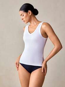 Veilyse Rompi Kamisol Bergaris Warna Polos untuk Wanita, Atasan Tank Tanpa Lengan Seksi untuk Musim Panas - Putih - View 4