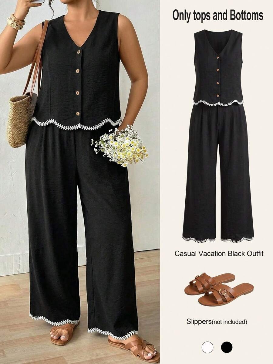 Lounesse Plus Size Women 2 Pieces Set: Single-Breasted Vest And Pants, Casual Vacation Black Outfit Sets For Women Casual Beach Holiday Two Pieces Set For Women - Black - View 1