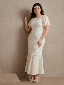 Anewsta Spring/Summer New Round Neck Puff Short Sleeve Woven Fabric Colorblock Water-Soluble Lace 3D Applique Elegant Mermaid Hem Plus Size Long Dress For Women - Apricot - View 4
