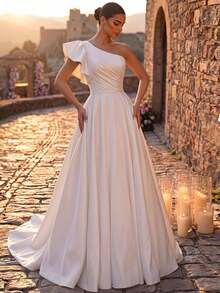 Glamrae Elegant White Glossy Satin Minimalist Asymmetric Shoulder Ruffle Sleeve Fitted Ruched Bodice High Waist Oversized A-Line Skirt With Train Side Slit - White - View 3