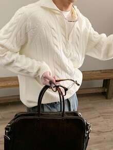 DAZY Solid Color Beige Casual Daily Wear Knitted Sweater For Men, Spring Winter Quarter Zip Men - Beige - View 7