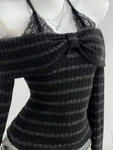 SHEIN ICON 女款秋冬黑色與灰色針織羅紋抓絨布蕾絲拼接二合一掛脖綁帶直領長袖修身T恤，復古純色奢華可愛優雅休閒百搭，適合購物、約會、日常通勤與休閒 - 黑色 - 查看 5