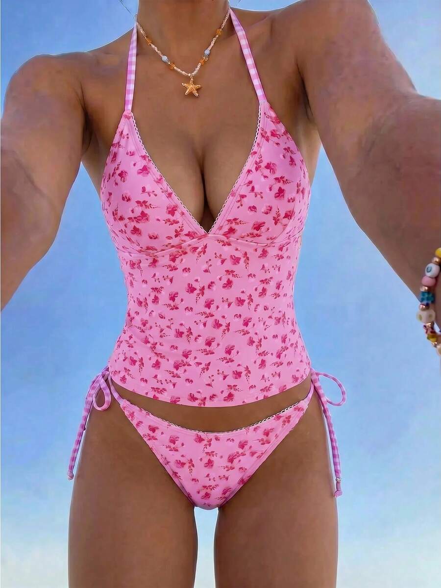 Swim Mod 夏季甜美清新可愛櫻桃格紋比基尼背心套裝 海灘度假 粉色 - 粉色 - 查看 1