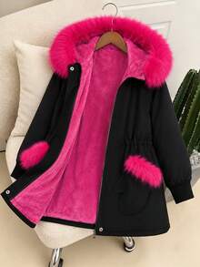 SHEIN Jaket Fleece Tebal Warna Polos Kasual Berkerudung Panjang Sedang untuk Anak Perempuan, Musim Dingin - Hitam - View 7