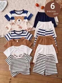 LMoss Kids 男嬰針織條紋熊圖案圓領T恤與短褲6件套 - 藍白色 - 查看 7