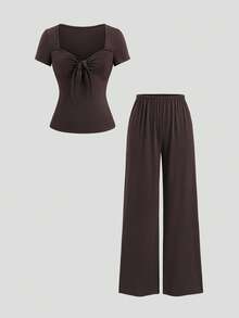 Sweetra Women's 2 Pieces Set Summer Fashion Niche Design Tie-Knot Square Neck Short Sleeve Knit Top Casual Wide Leg Straight Long Pants Lounge Dark Brown - Brown - View 1
