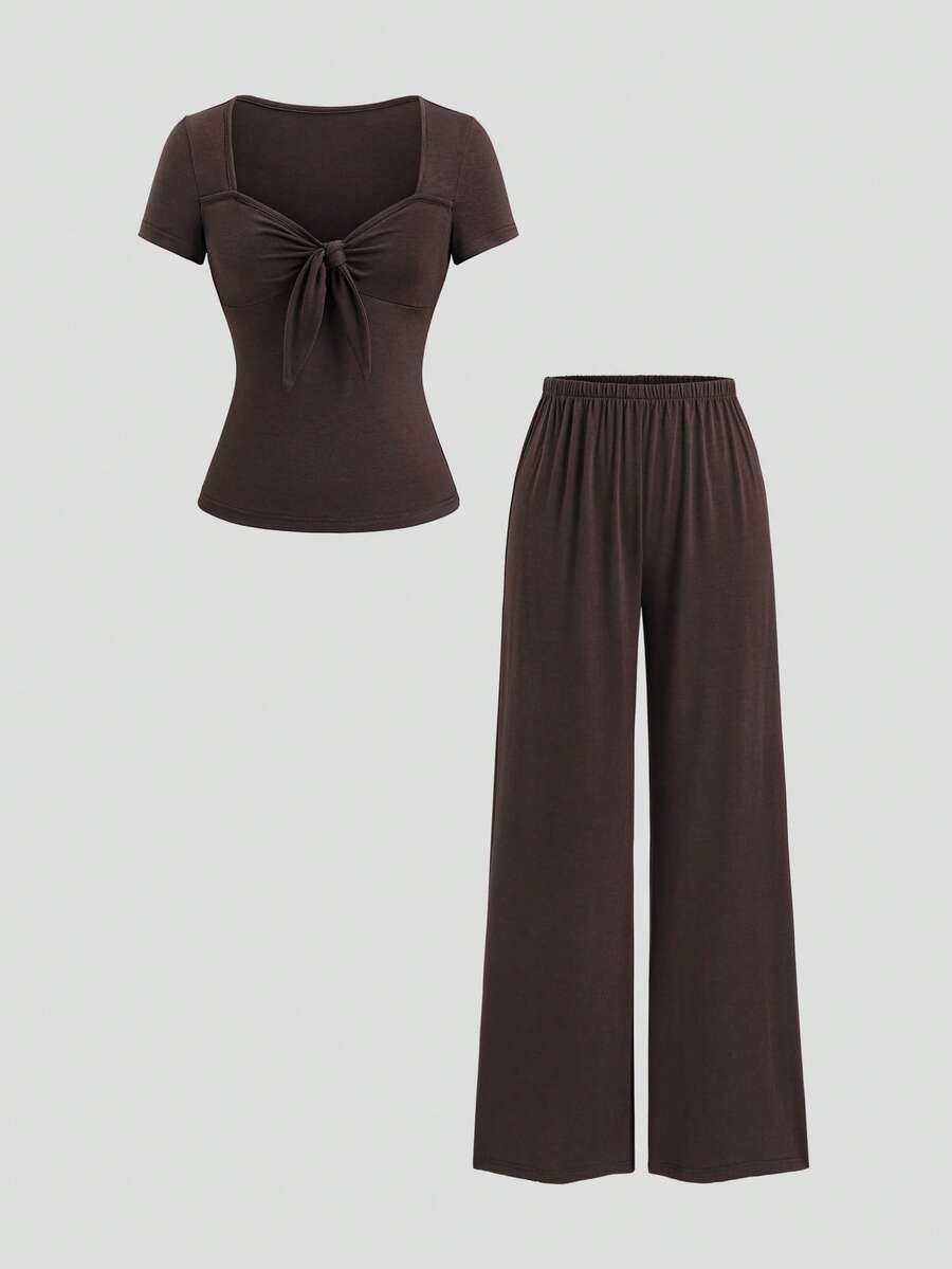 Sweetra Women's 2 Pieces Set Summer Fashion Niche Design Tie-Knot Square Neck Short Sleeve Knit Top Casual Wide Leg Straight Long Pants Lounge Dark Brown - Brown - View 1