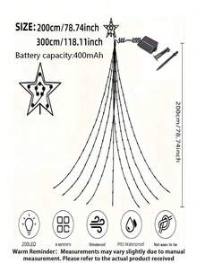 Solar Weihnachtsdekoration Lichter, 200/290 LED Wasserfall Lichterkette mit Stern Baumspitze, 8 Modi IP65 wasserdicht für Innen- und Außenbereich - für Garten, Party, Zuhause, Feiertage (Warmweiß/Mehrfarbig) - Solar Led String Light - Übersicht 3