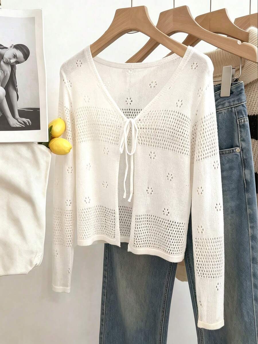 SHEIN Franclia 休閒百搭素色鏤空針織開襟外套 - 白色 - 查看 1