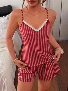 Napfluff Lace Trim Color Block Striped Camisole And Shorts Pajama Set - Red - View 5