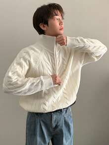 DAZY Solid Color Beige Casual Daily Wear Knitted Sweater For Men, Spring Winter Quarter Zip Men - Beige - View 2