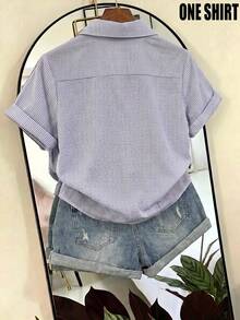 SHEIN Franclia 女款條紋泡泡皺褶布料短袖襯衫，適合春夏外出與約會場合 - 紫色 - 查看 2