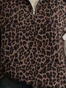 SHEIN EZwear 經典豹紋半拉鍊女款運動衫，棕色調，秋季休閒街頭風，適合多種場合，Y2K復古風，返校季秋冬上衣 - 彩色 - 查看 5