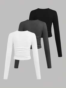 3pcs Tween Girls Solid Color Crew Neck Ruched Long Sleeve T-Shirt Undershirts, Casual For Autumn/Winter - Dark Grey - View 2