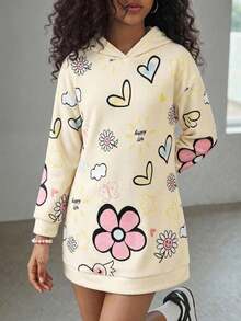 SHEIN Tween Girl 宽松休闲简约舒适字母印花连帽长款运动衫 - 杏色 - 查看 8