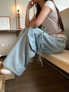 FRIFUL 女款條紋口袋寬腿寬鬆休閒牛仔褲 秋季 - 藍色 - 查看 8