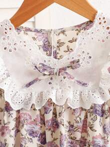 SHEIN 女童寬鬆休閒刺繡飾邊拼接紫色花卉梭織長袖蝴蝶結居家服淺紫色秋冬套裝 - 淡紫色 - 查看 4