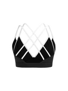 SHEIN Cheerettes 女款拼色交叉背日系健身運動內衣 黑色運動內衣 可拆式內墊 白色對比細肩帶雙層健身房適用 - 黑色 - 查看 6