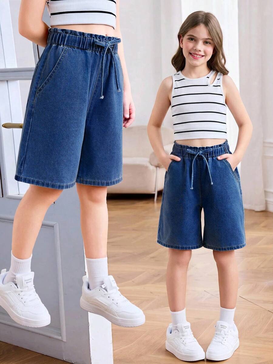 SHEIN Tween Girl Spring Summer Basic Casual Light Washed High Waisted Loose Fit Ruffle Waist Drawstring Denim Long Shorts With Bowknot And Rolled Hem Pockets, Summer Beach Boho Vacation Comfortable , Summer Rave Concert Festival College Style - Dark Wash - View 1