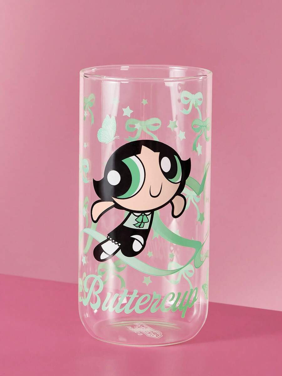 THE POWERPUFF GIRLS X SHEIN 1個 19.60oz/580ml L號可愛卡通圖案印花硼矽酸鹽玻璃杯,耐冷耐熱,適用於牛奶、果汁、咖啡、氣泡水等,草莓、蝴蝶結、貓咪圖案 - 無色 - 查看 1