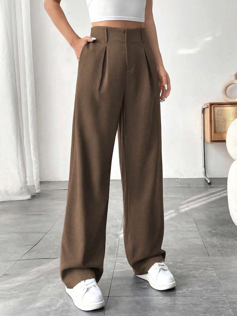 SHEIN PETITE 女款休閒純色直筒長褲,秋季布料,適合小個女款 - 棕色 - 查看 1