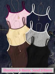 SHEIN Surprise Box[Random 6 Items,Send 3 Items], 3pcs/Set Tween Girls' Casual Comfortable Knit Patchwork Camisole Tank Tops - Multicolor - View 2