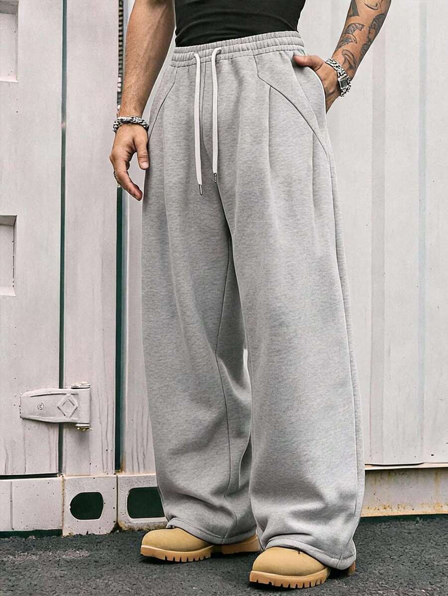 AXEPEAK Men's Solid Color Drawstring Waist Wide Leg Loose Casual Sweatpants - Grey - View 1